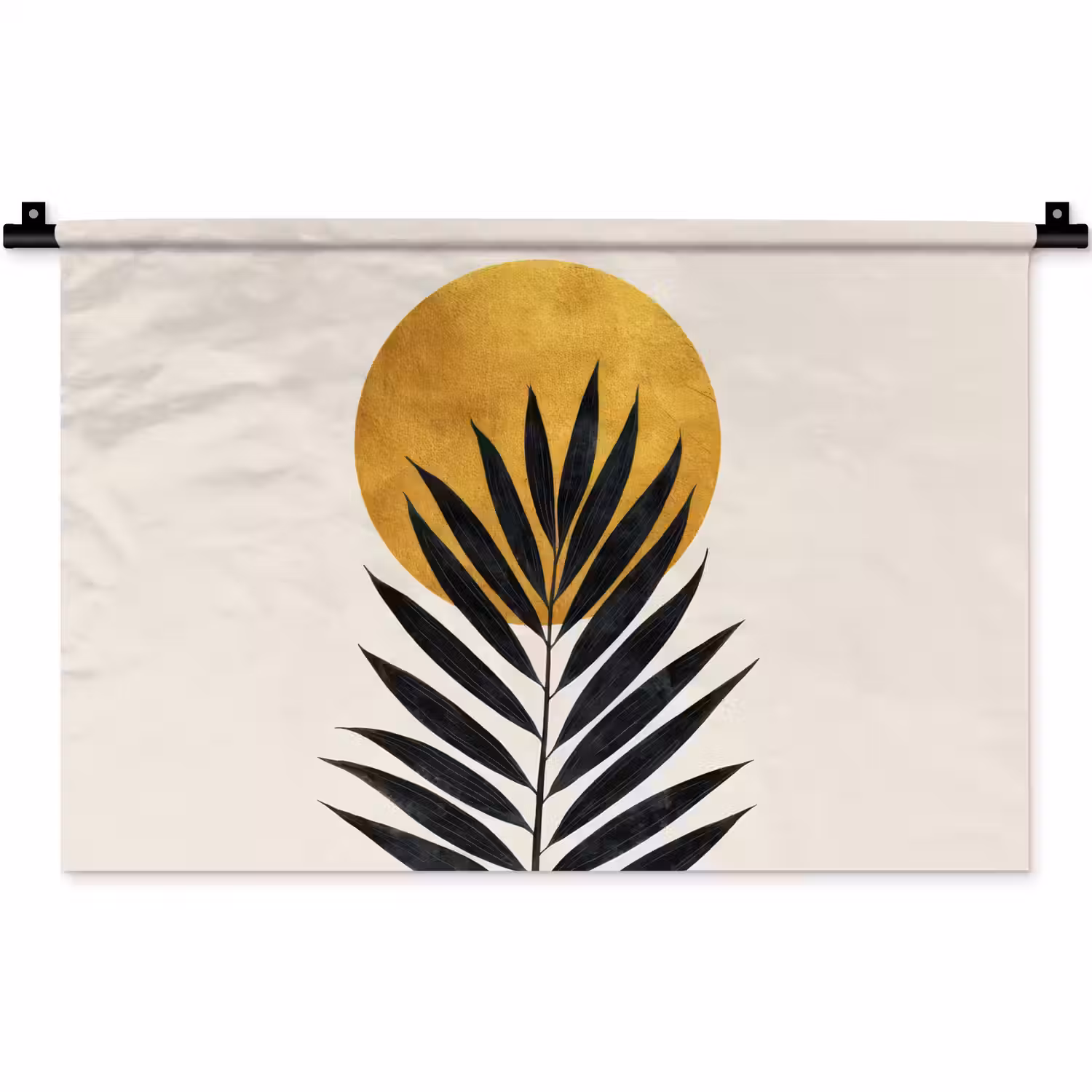 Zwart palmblad - Gouden cirkel - Beige achtergrond Wandkleed katoen klein -zz3d