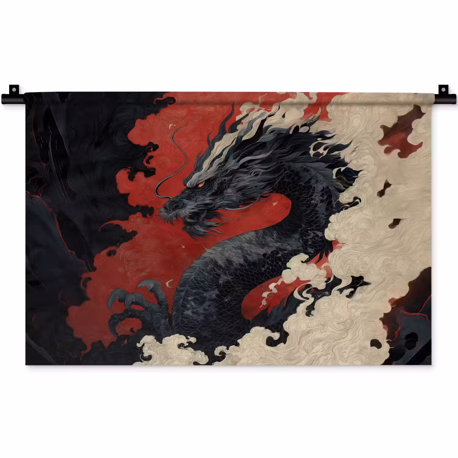 Zwarte draak - Rookwolken - Rood Wandkleed katoen klein -zz3d