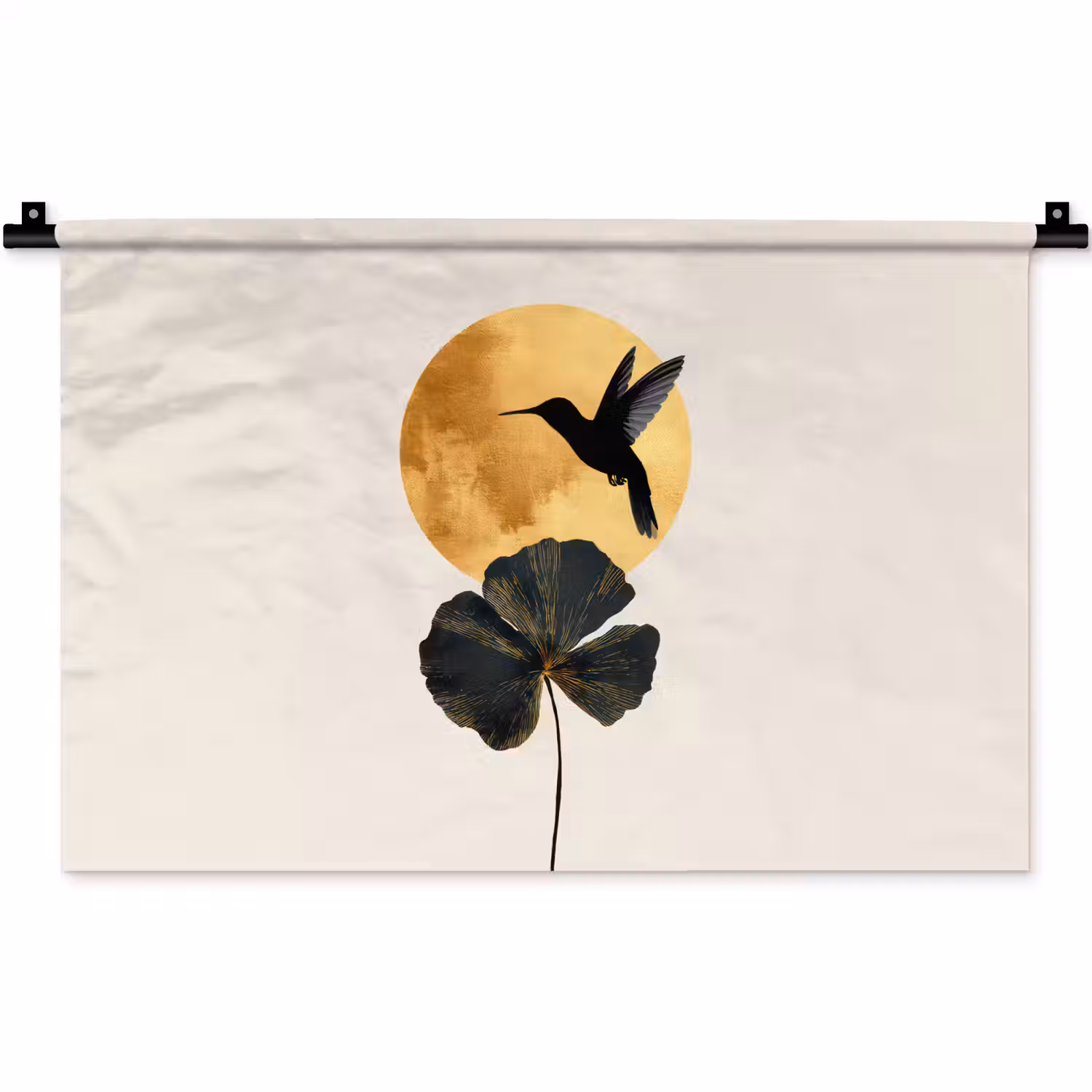Zwarte kolibrie - Bloem - Gouden cirkel Wandkleed katoen klein -zz3d