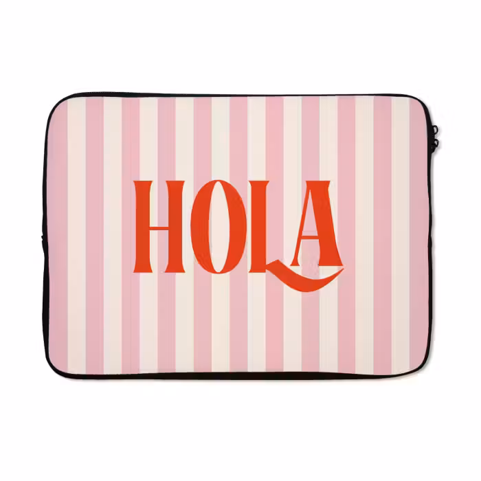 Laptophoes Hola - Quote - Strepen - Pastel - Roze - Rood - Wit