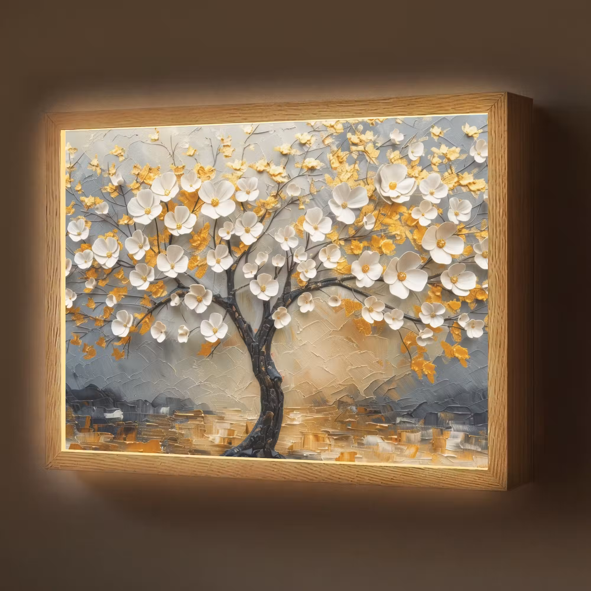 Lightbox - Wandlamp - Boom - Bloemen - Goud - Beige