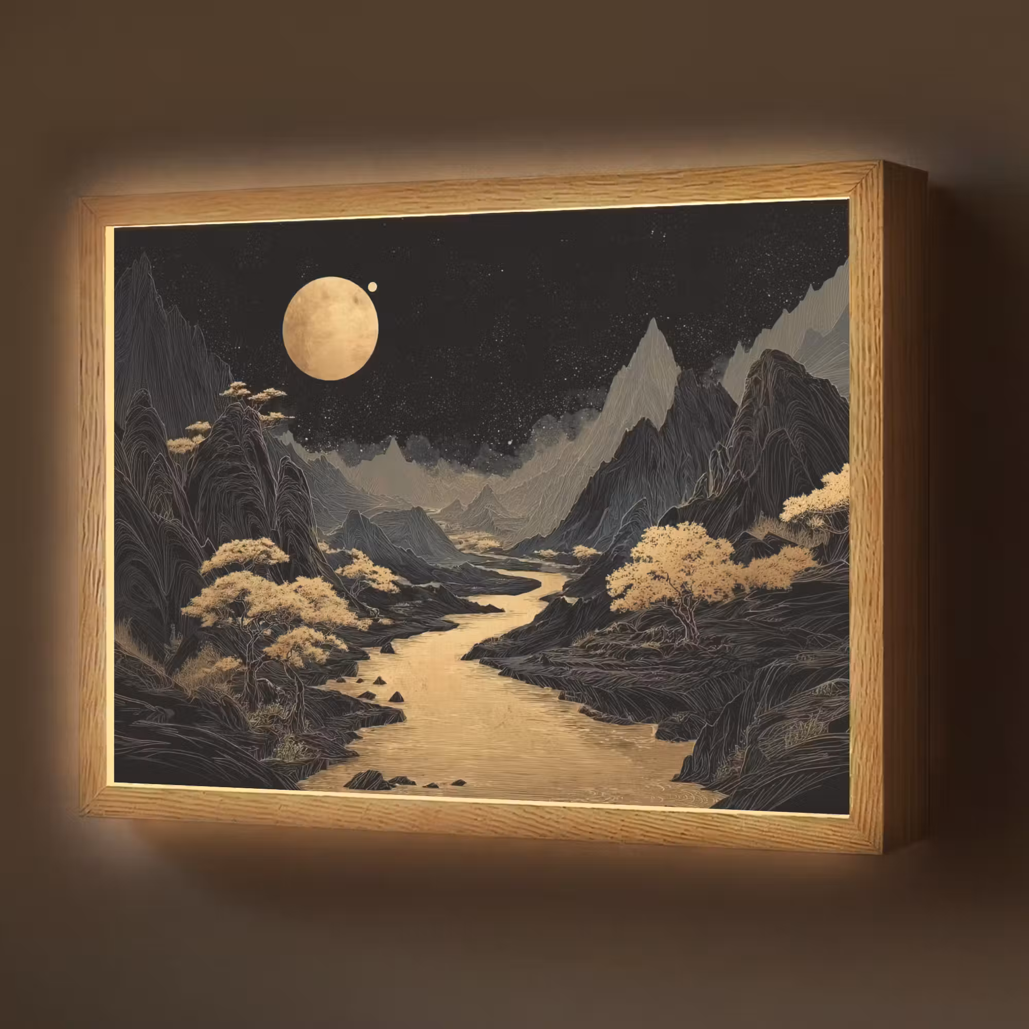 Lightbox - Wandlamp - Gouden rivier - Bergen - Maan - Sterrenhemel
