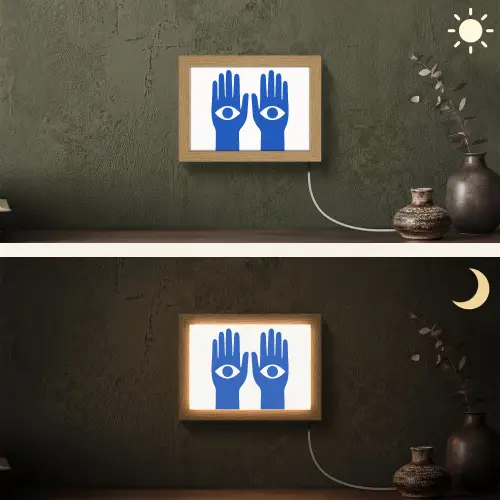 Handen - Twee - Ogen - Blauw Light Box met kabel (Wandlamp) klein -sfeer3