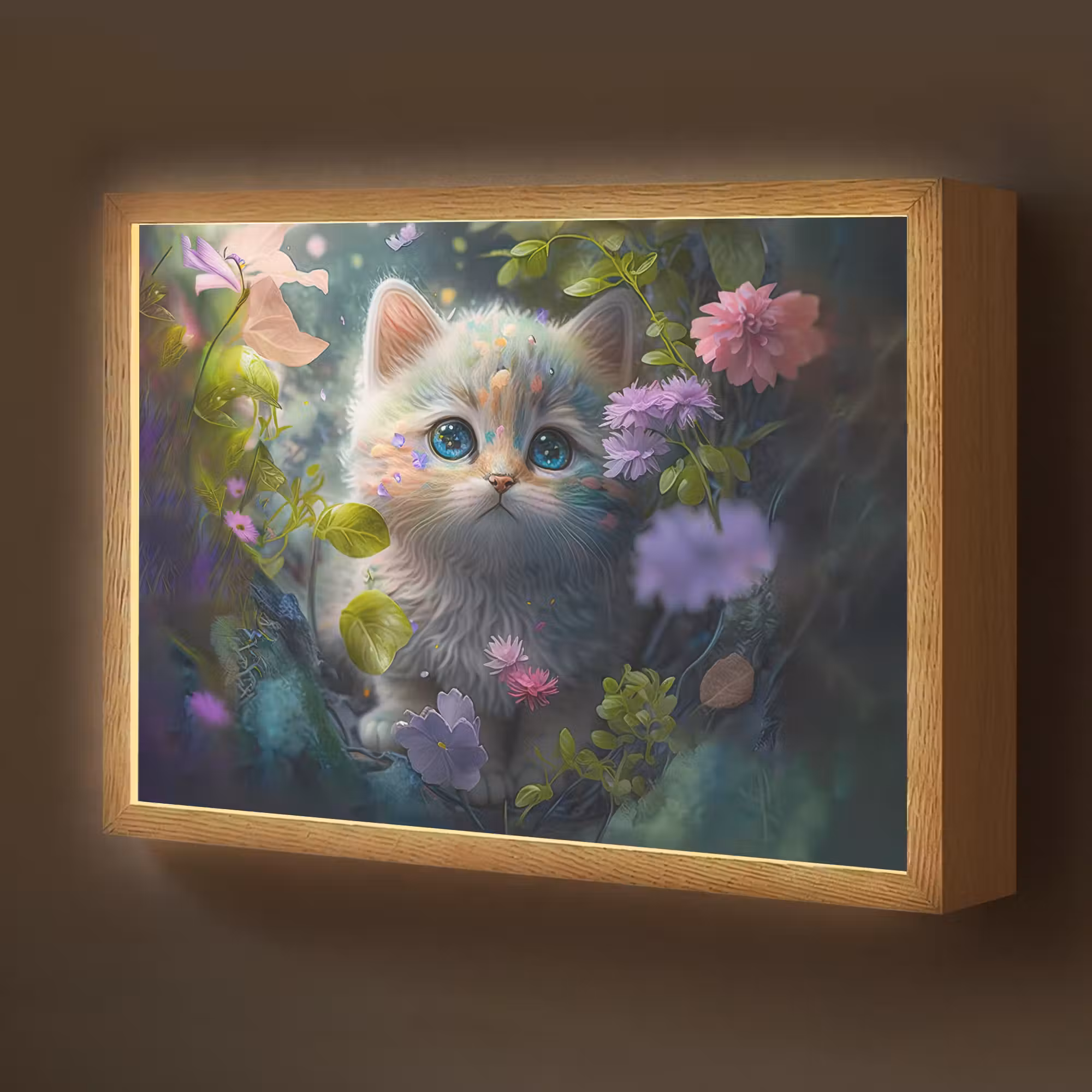 Lightbox - Wandlamp kinderkamer - Kitten - Bloemen - Bos - Illustratie - Poes