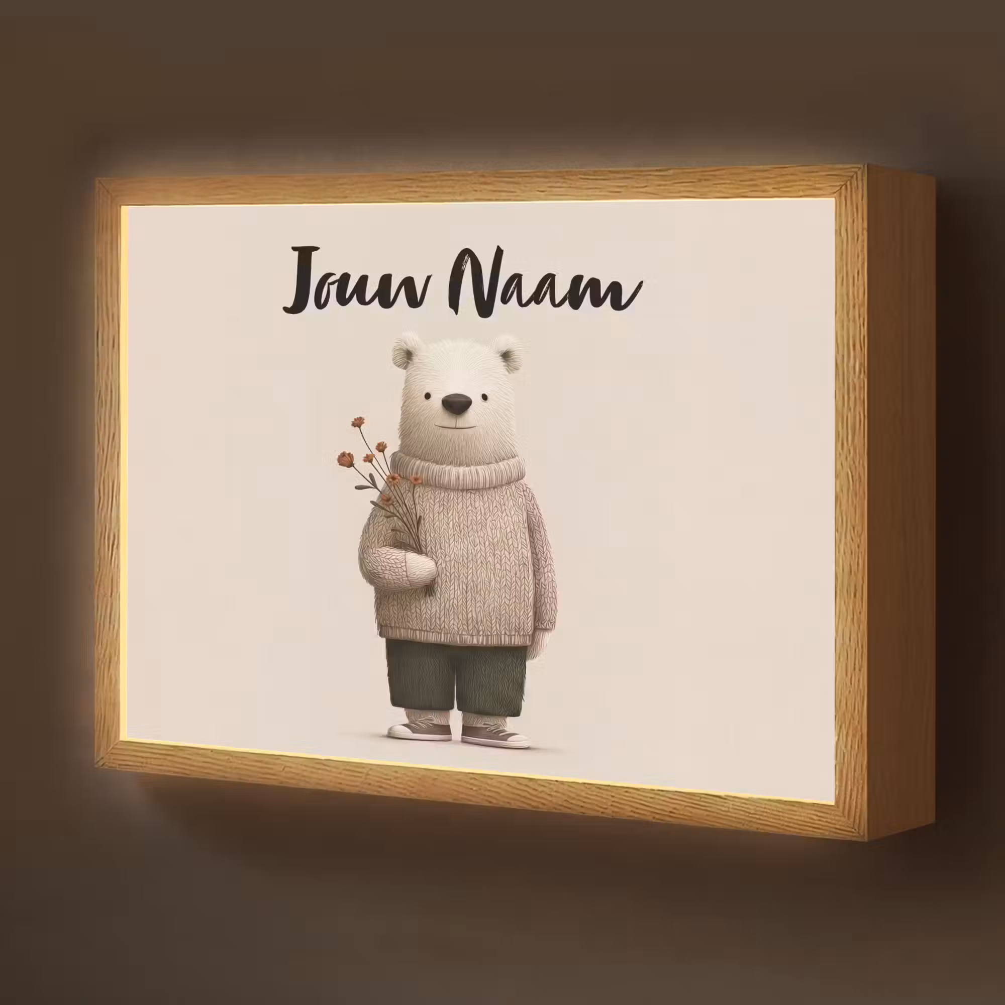 Lightbox - Wandlamp kinderkamer met naam - Knuffelbeer - Oranje bloemen - Vriendelijk