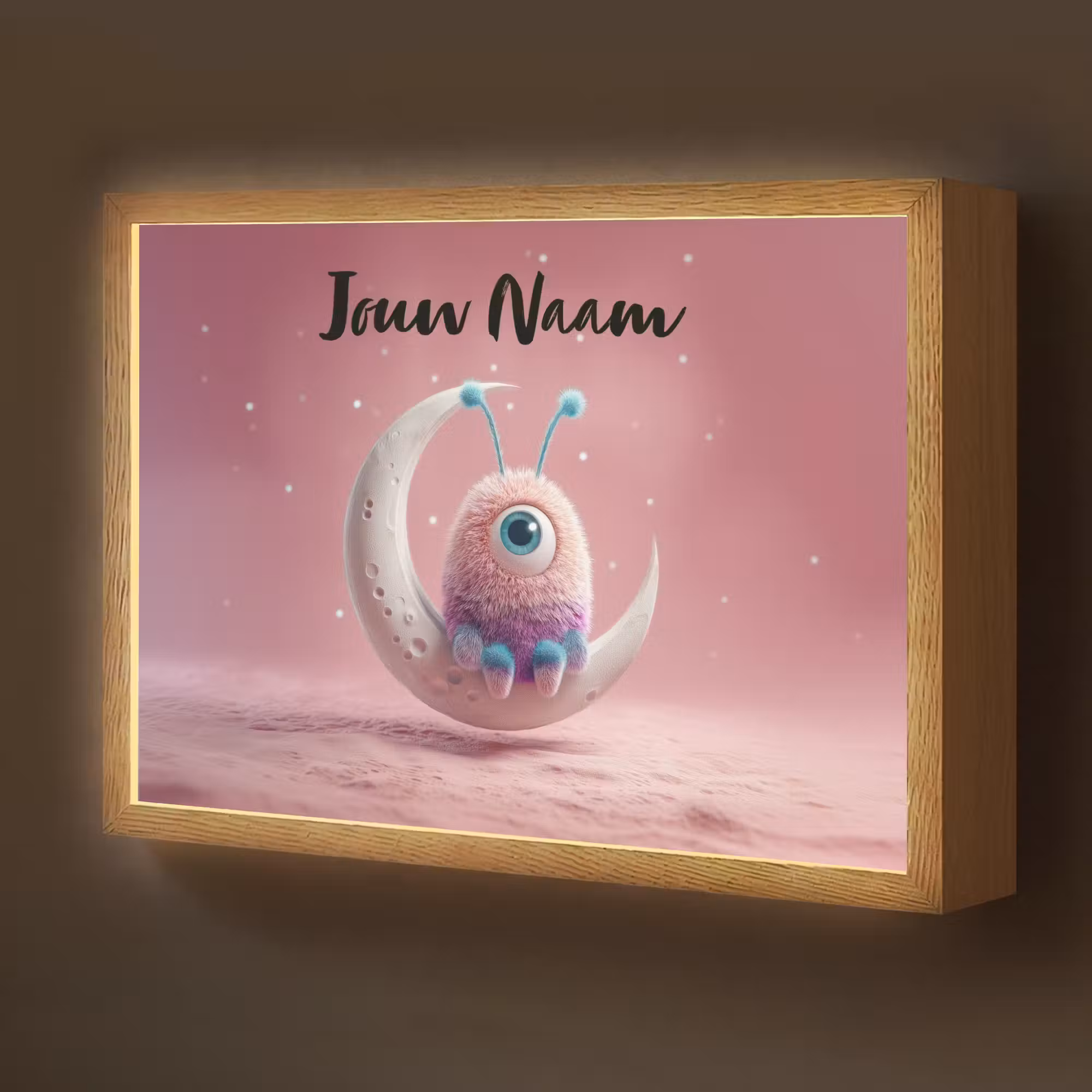 Lightbox - Wandlamp kinderkamer met naam - Maan - Monster - Roze