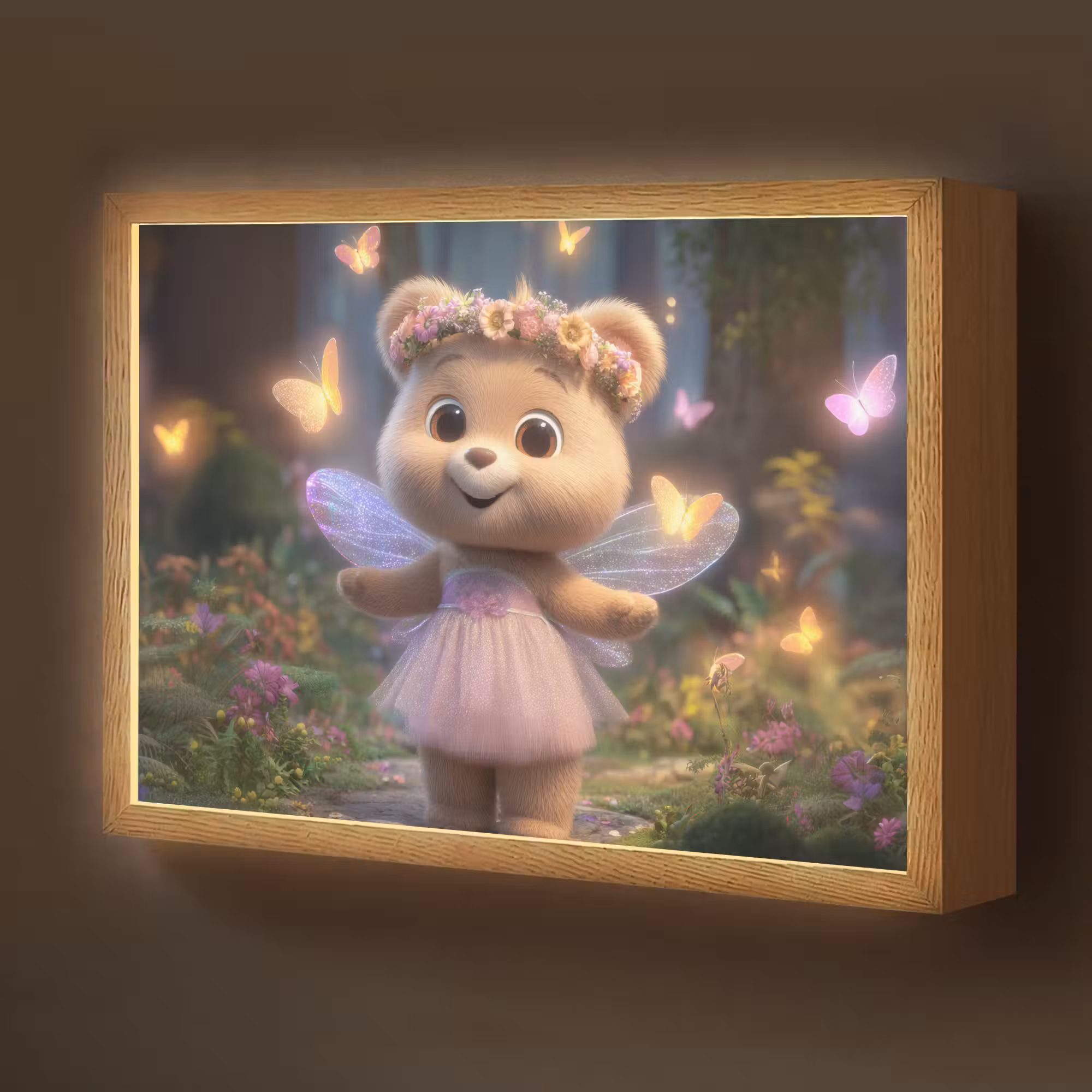 Lightbox - Wandlamp kinderkamer - Teddybeer - Bloemenkrans - Vlinders - Elfenvleugels