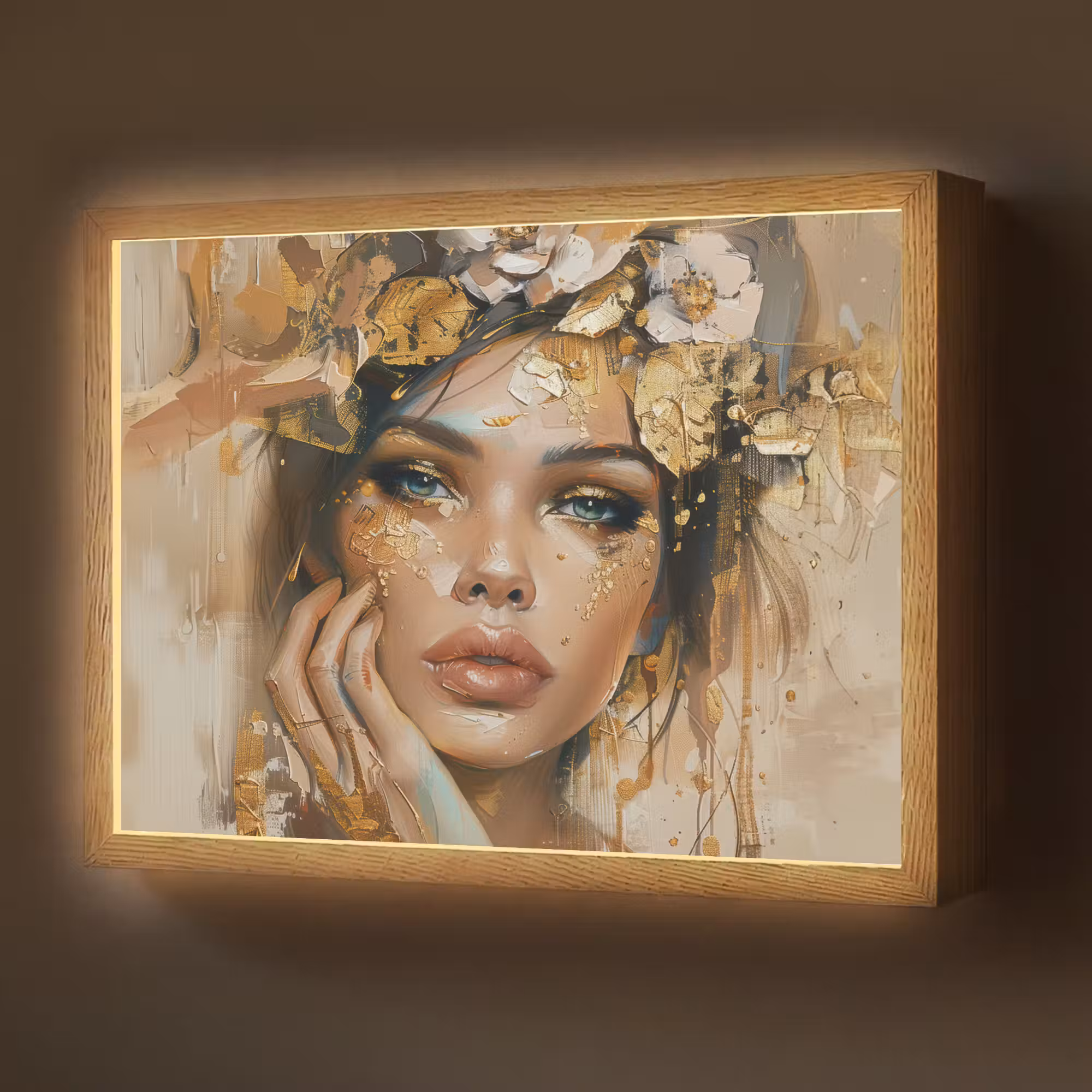 Lightbox - Wandlamp - Vrouw - Bloemen  - Goud - Portret