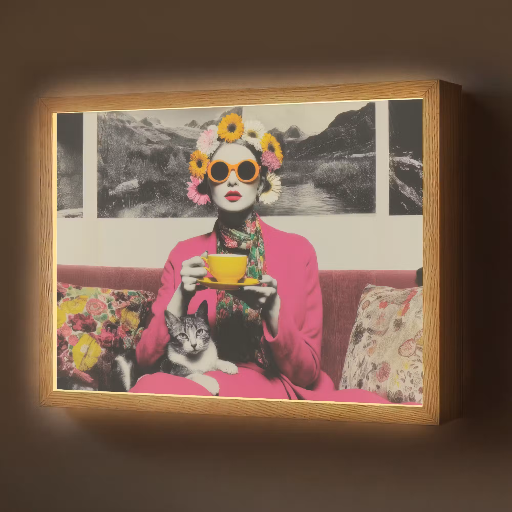 Lightbox - Wandlamp - Vrouw - Kat - Bloemen - Kopje - Retro