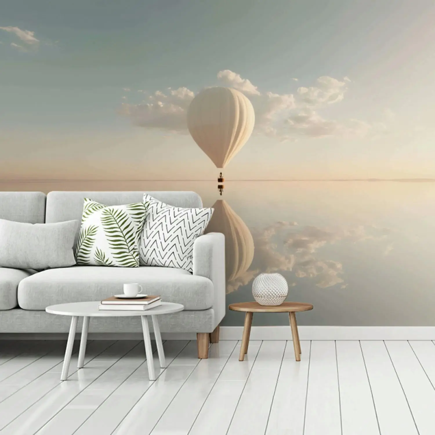 Behang - Luchtballon - Wolken - Water - Blauw
