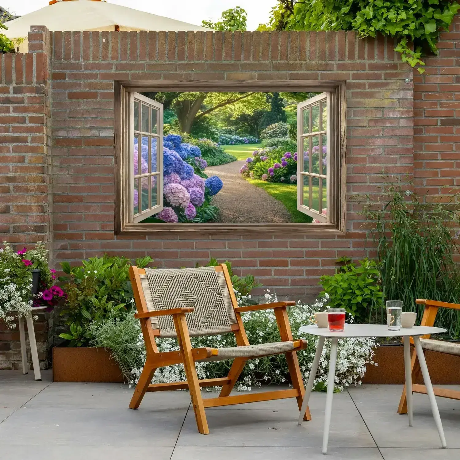 Buiten canvas - Doorkijk - Tuin - Raam - Hortensia - Bloemen