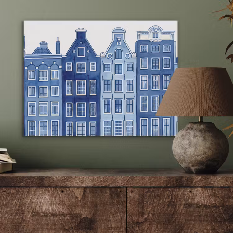Aquarel - Grachtenpanden - Delfts - Blauw PET vilt klein -sfeer2