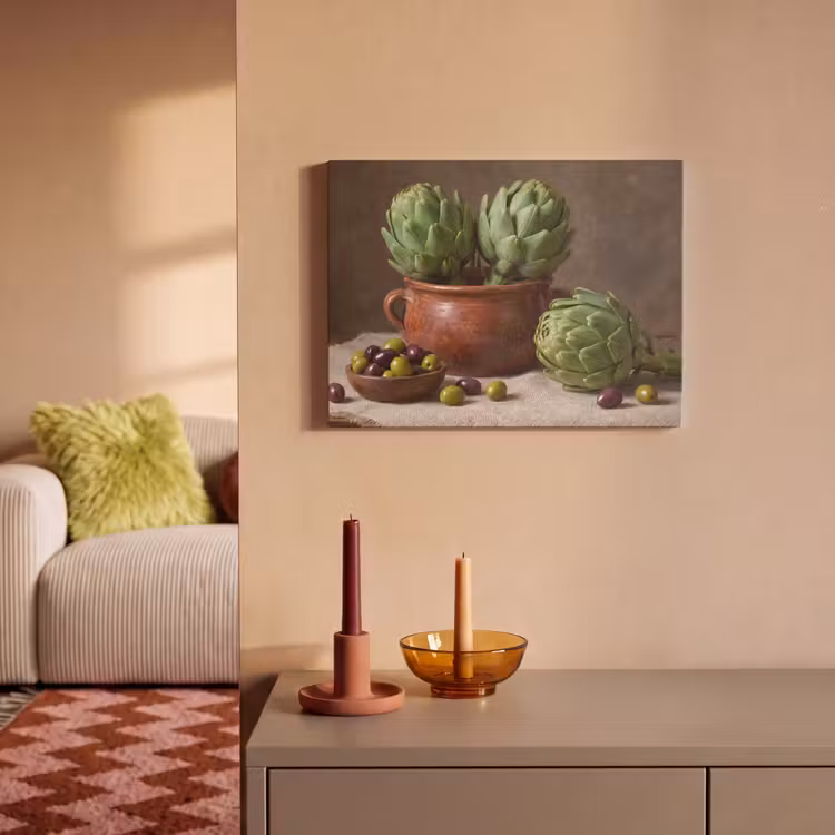 Akoestisch schilderij - Artisjokken - Olijven - Eten - Artisjokken - Olijven - Eten PET vilt klein