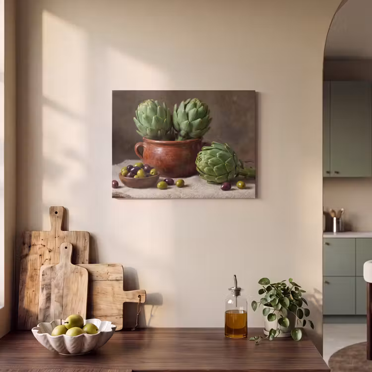 Akoestisch schilderij - Artisjokken - Olijven - Eten - Artisjokken - Olijven - Eten PET vilt klein