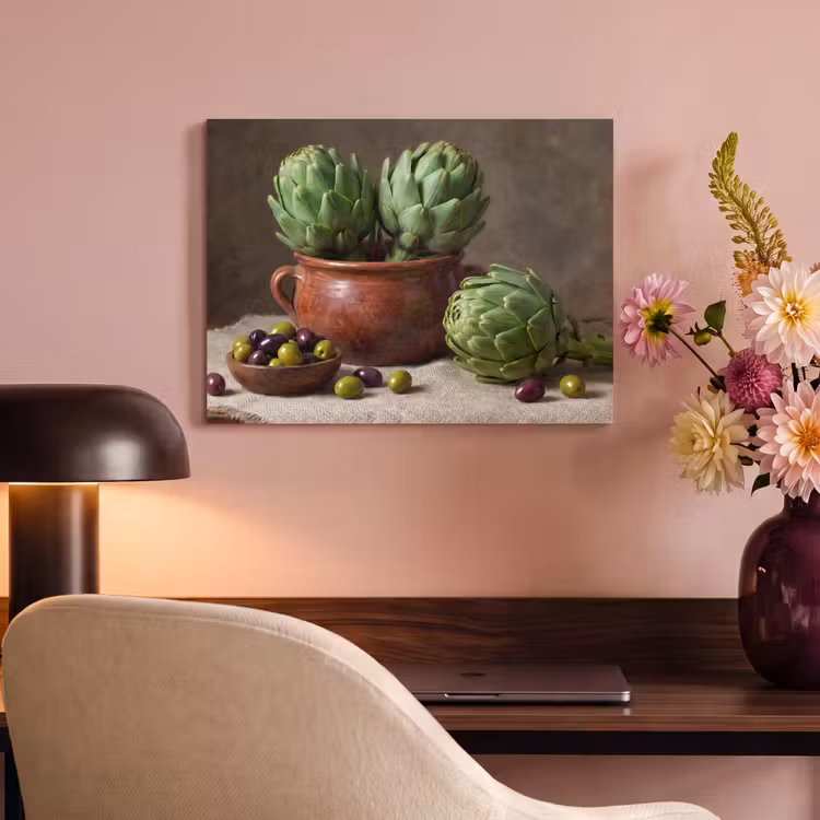 Akoestisch schilderij - Artisjokken - Olijven - Eten - Artisjokken - Olijven - Eten PET vilt klein