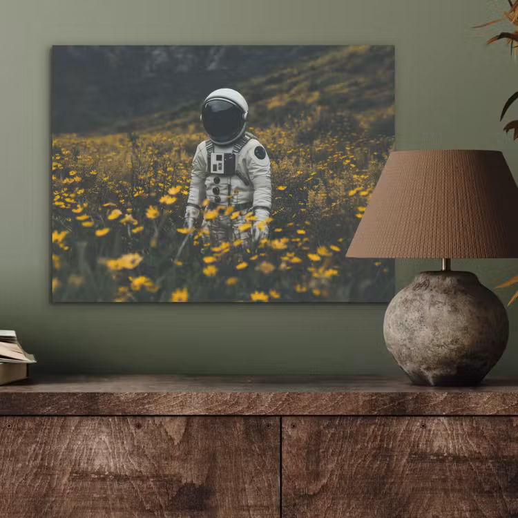 Astronaut - Bloemen - Veld - Geel PET vilt klein -sfeer2