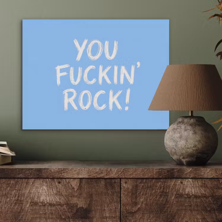 Blauw - Wit - You fuckin rock PET vilt klein -sfeer2