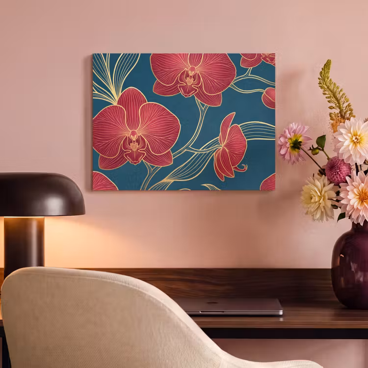 Akoestisch schilderij - Bloemen - Rood - Goud - Bloemen - Rood - Goud PET vilt klein