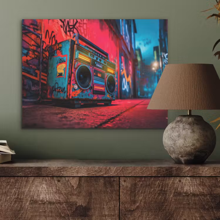 Boombox - Rood - Graffiti - Neon PET vilt klein -sfeer2