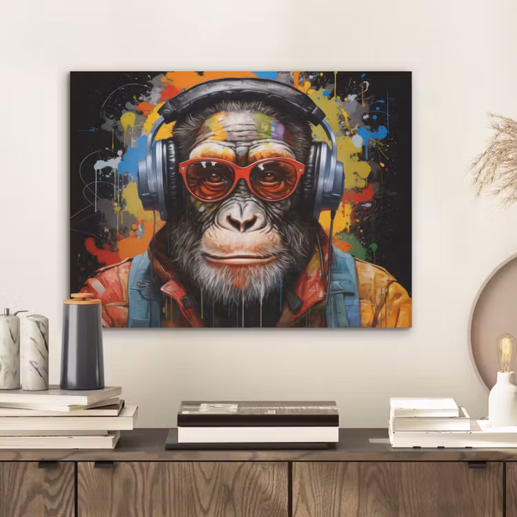 Chimpansee - Aap - dieren - Graffiti - Bril - Koptelefoon - Kleuren PET vilt klein -sfeer1
