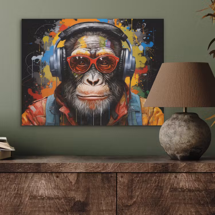 Chimpansee - Aap - dieren - Graffiti - Bril - Koptelefoon - Kleuren PET vilt klein -sfeer2