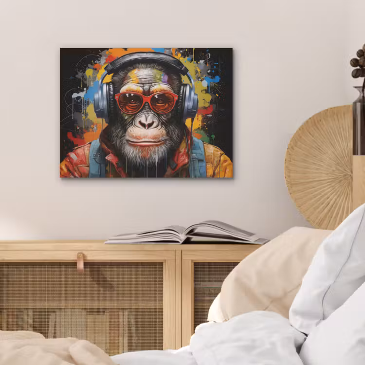 Chimpansee - Aap - dieren - Graffiti - Bril - Koptelefoon - Kleuren PET vilt klein -sfeer3