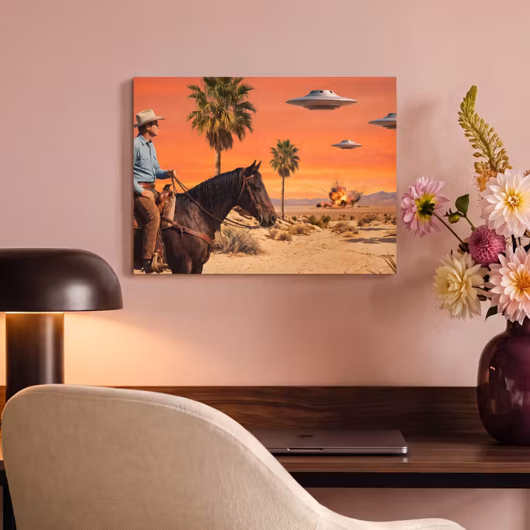 Akoestisch schilderij - Cowboy - Paard - Woestijn - Cowboy - Paard - Woestijn PET vilt klein
