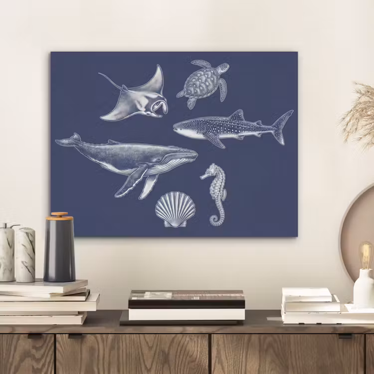 Dieren - Zeeleven - Oceaan - Graveren - Blauw PET vilt klein -sfeer1