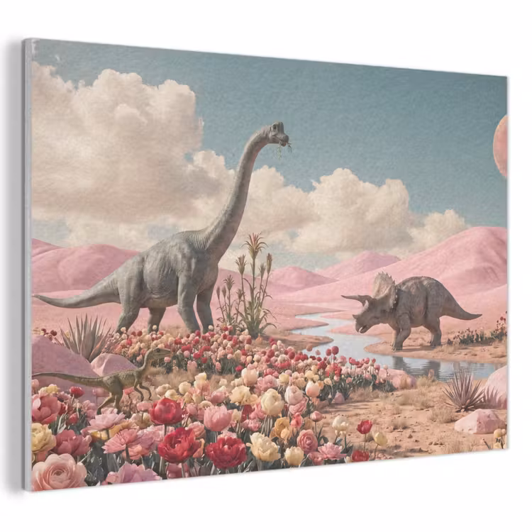 Akoestisch schilderij - Dinosaurus - Roze - Landschap - Dinosaurus - Roze - Landschap PET vilt klein