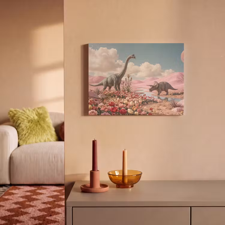 Akoestisch schilderij - Dinosaurus - Roze - Landschap - Dinosaurus - Roze - Landschap PET vilt klein