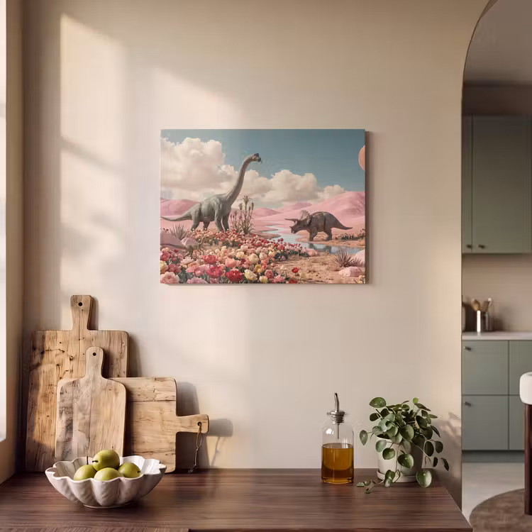 Akoestisch schilderij - Dinosaurus - Roze - Landschap - Dinosaurus - Roze - Landschap PET vilt klein