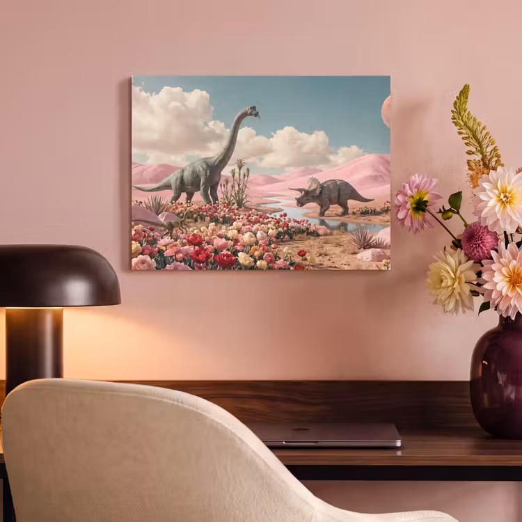 Akoestisch schilderij - Dinosaurus - Roze - Landschap - Dinosaurus - Roze - Landschap PET vilt klein