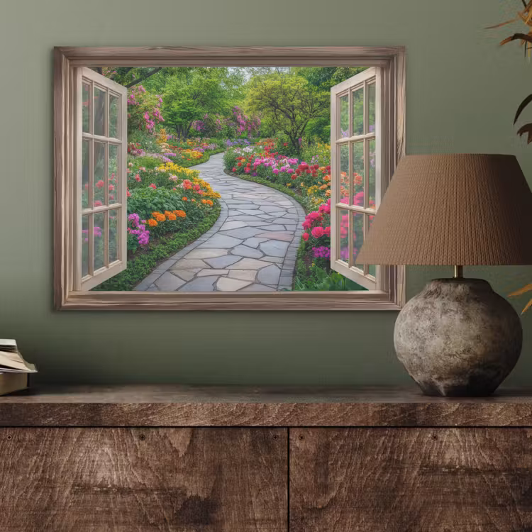 Doorkijk - Bloemen - Tuinpad - Natuur - Raam PET vilt klein -sfeer2