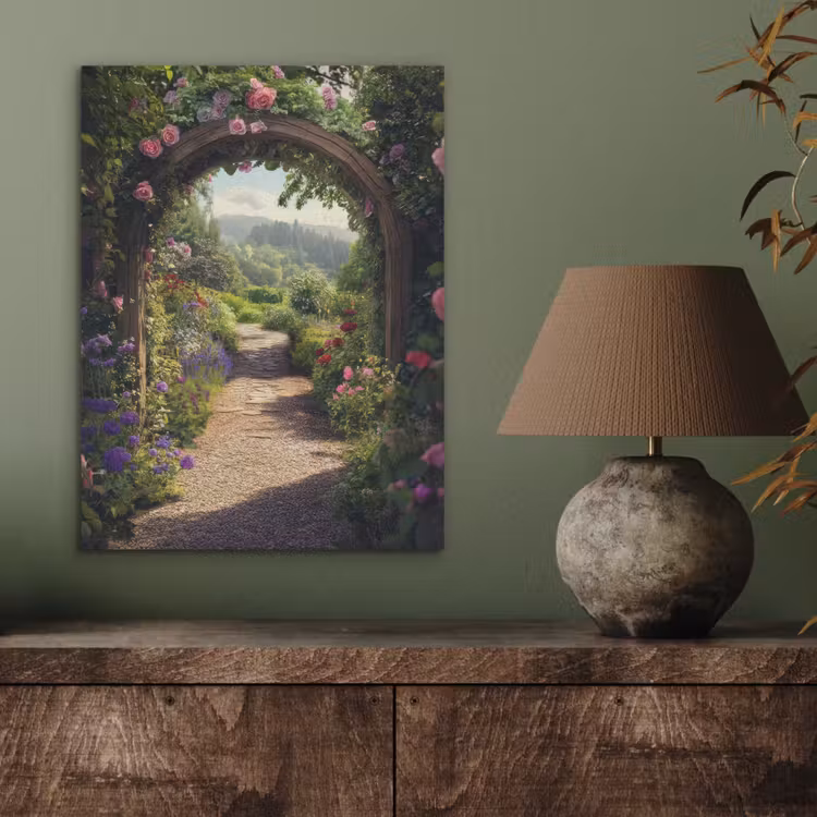 Doorkijk - Landschap - Bloemen - Rozenboog - Natuur PET vilt klein -sfeer2
