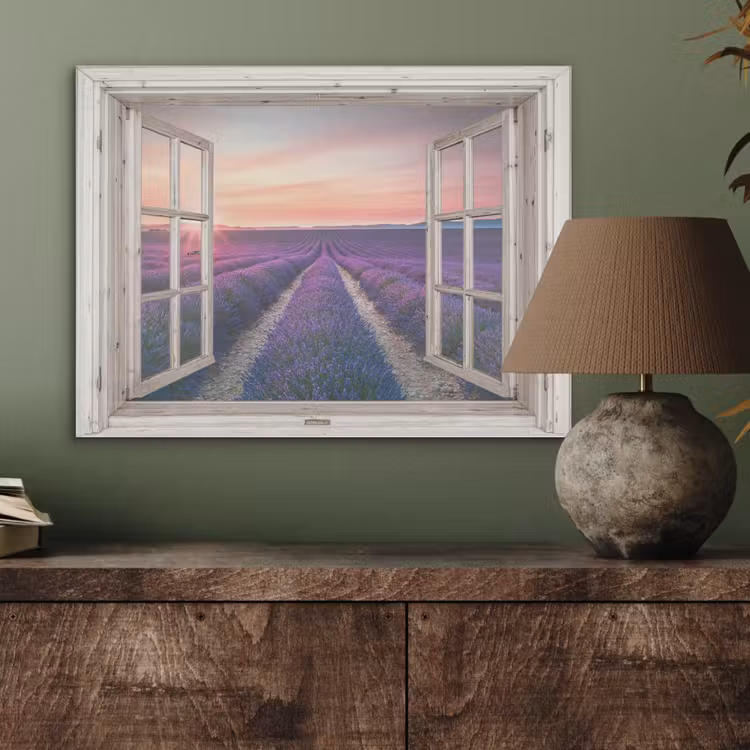 Doorkijk - Lavendel - Bloemen - Hout - Zonsondergang - Paars PET vilt klein -sfeer2