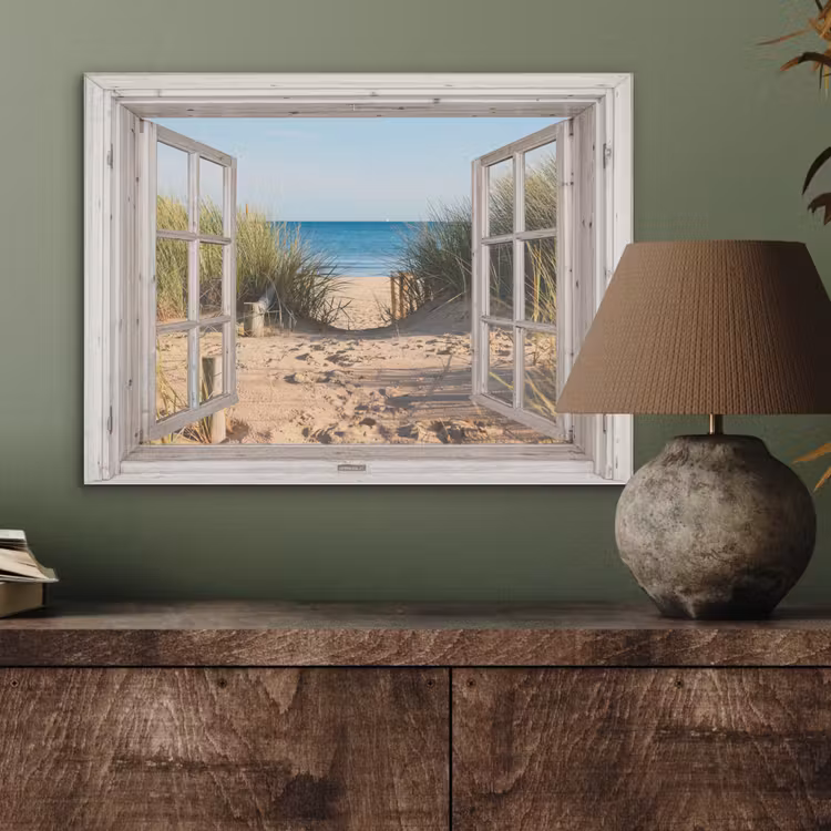 Doorkijk - Strand - Zee - Duinen - Zand - Water - Helmgras PET vilt klein -sfeer2