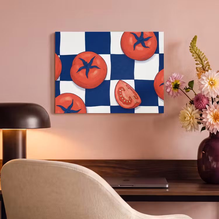 Eten - Tomaten - Keuken - Illustratie - Rood-Blauw PET vilt klein -sfeer3