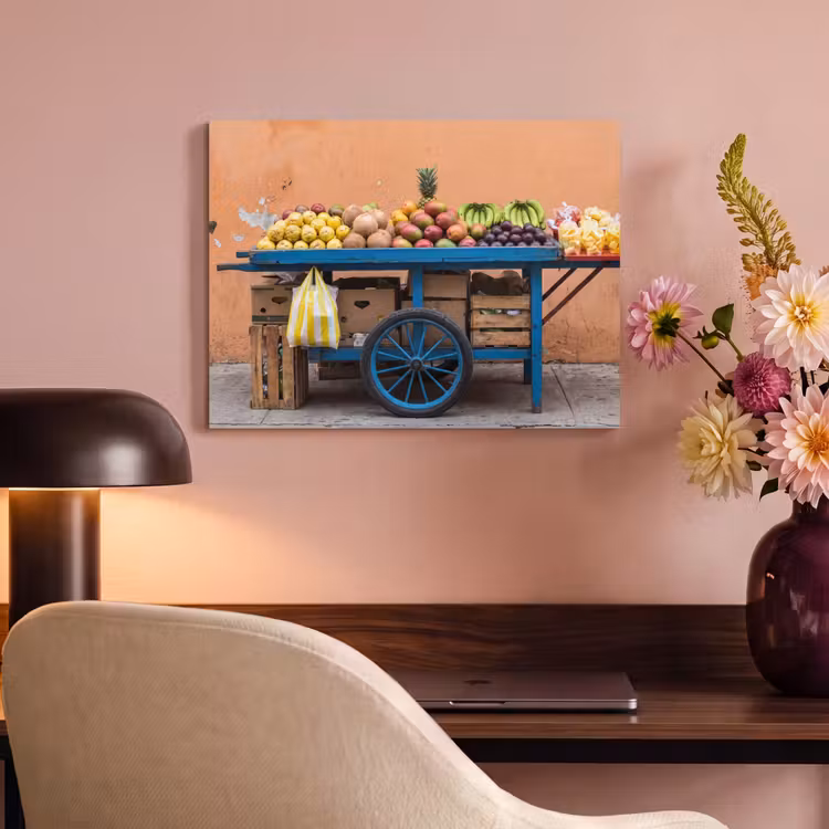 Akoestisch schilderij - Fruit - Kar - Straat - Fruit - Kar - Straat PET vilt klein
