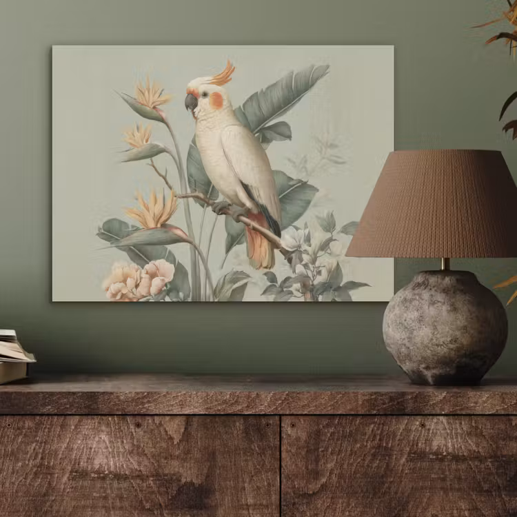 Gele kuifkaketoe - paradijsvogelbloemen - Groen PET vilt klein -sfeer2