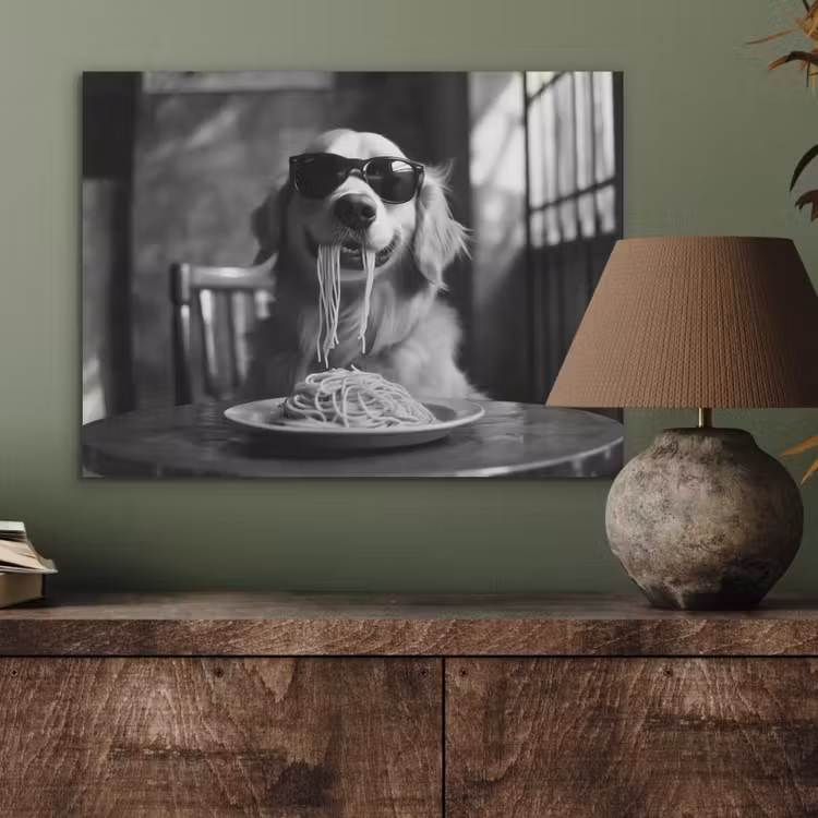 Golden Retriever - Hond - Vrolijk - Bord spaghetti - Zwart - wit PET vilt klein -sfeer2