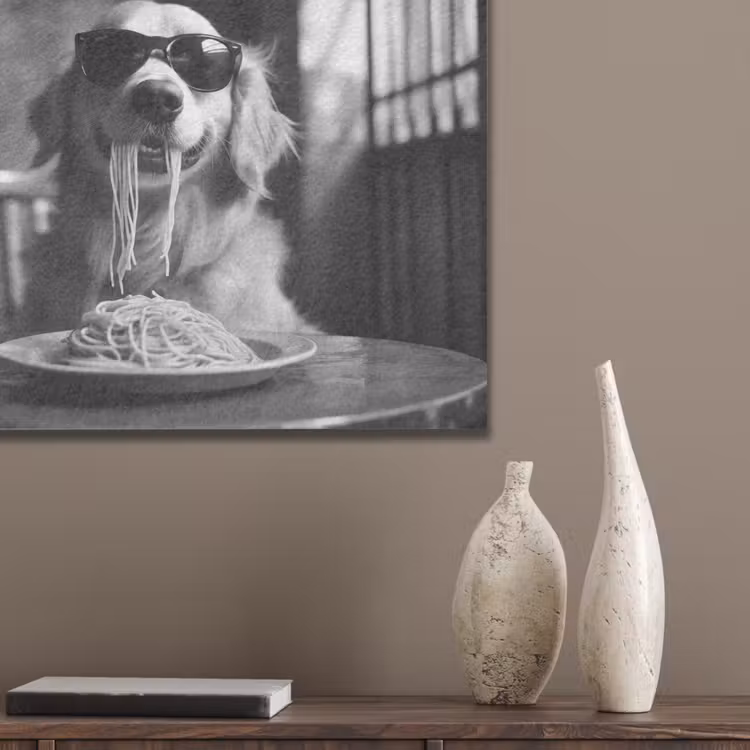 Golden Retriever - Hond - Vrolijk - Bord spaghetti - Zwart - wit PET vilt klein -sfeer6_closeup