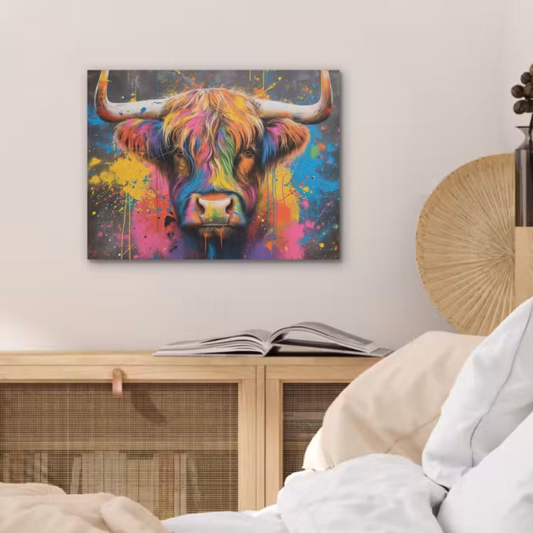 Graffiti - Schotse hooglander - Koe - Kleurrijk PET vilt klein -sfeer3