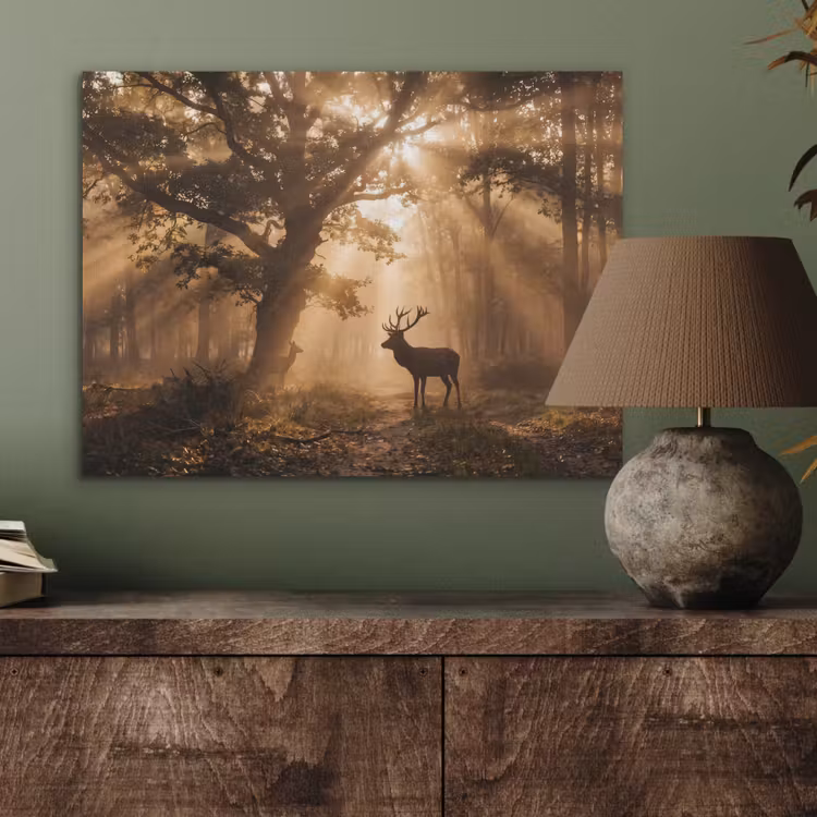 Hert - Bos - Mistig - Natuur - Goud PET vilt klein -sfeer2