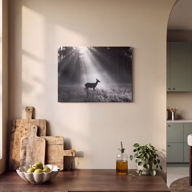 Hert - Bos - Zonnestralen - Zwart-wit - Natuur PET vilt klein -sfeer2