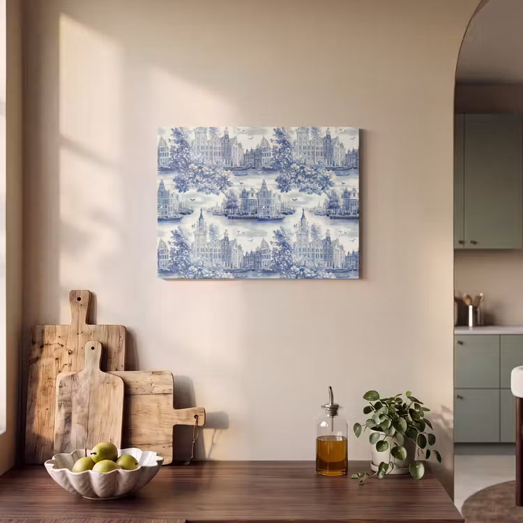 Huizen - Bomen - Water - Vogels - Blauw PET vilt klein 837 -sfeer2