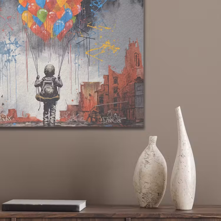 Jongen - Ballonnen - Gebouwen - Kunst PET vilt klein -sfeer6_closeup