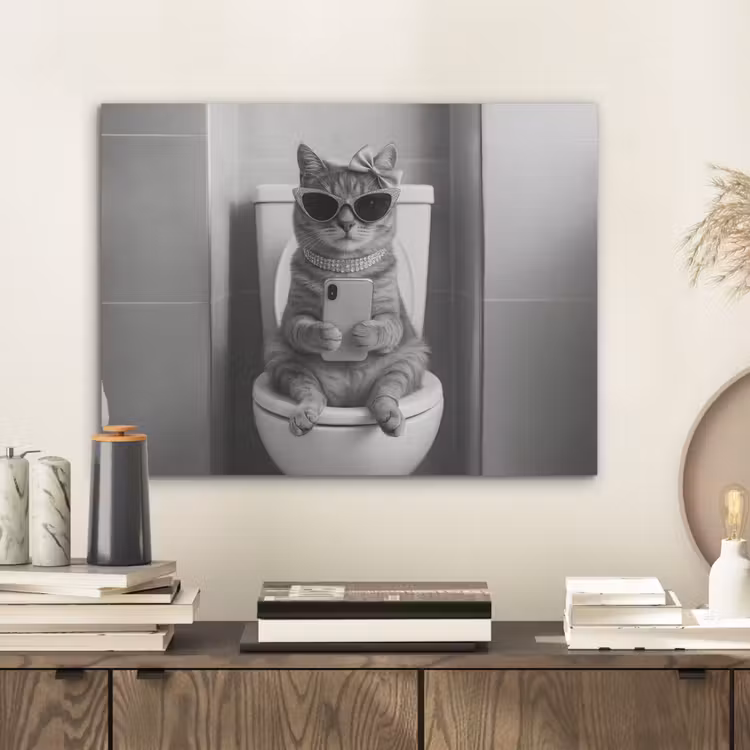 Kat - Telefoon - Toilet - Zwart - Wit PET vilt klein -sfeer1