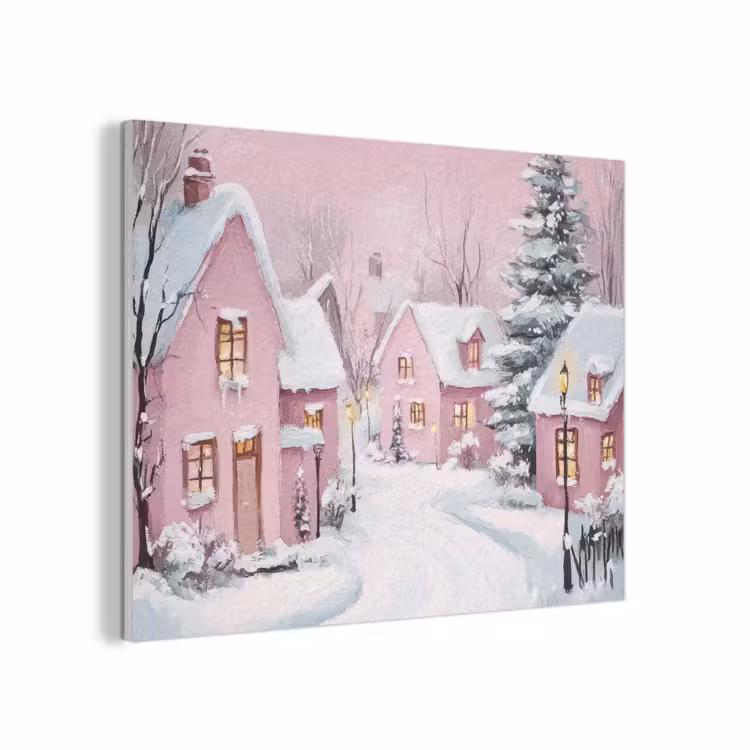 Kerstdorp - Roze - Winter - Sneeuw - Huizen PET vilt klein -3d