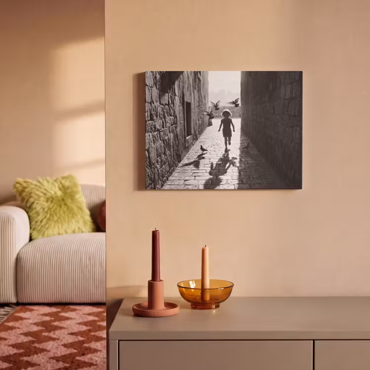 Kind - Vogel - Straat - Zwart-wit - Spelen PET vilt klein -sfeer1
