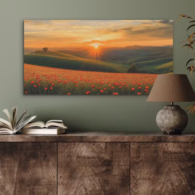 Klaprozen - Bloemen - Heuvels - Zonsondergang PET vilt middel -sfeer2